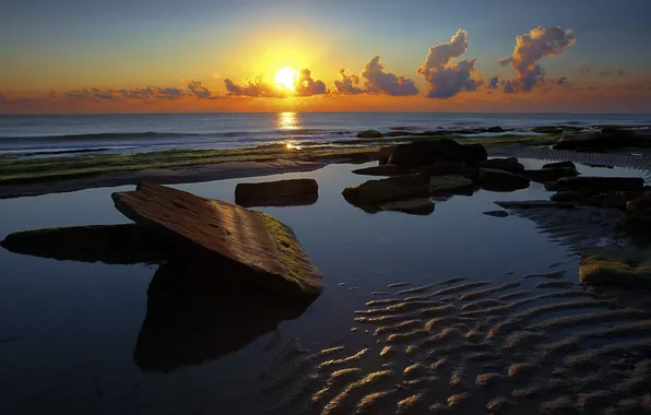 Sea, landscape, sunset, stones