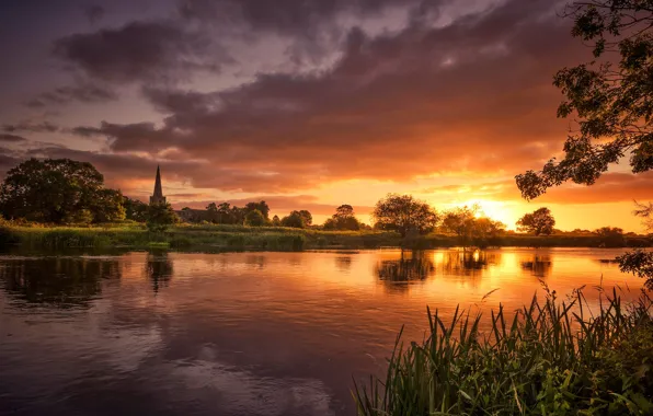 Trees, sunset, river, England, glow, Derbyshire