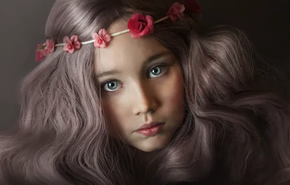 Picture eyes, look, flowers, close-up, face, the dark background, hair, child
