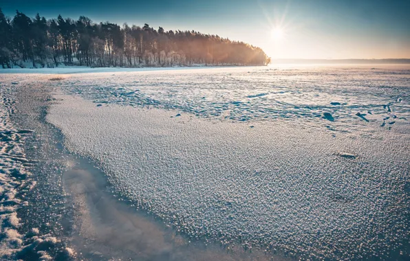 Winter, light, morning, Lithuania, Frozen Kaunas Sea