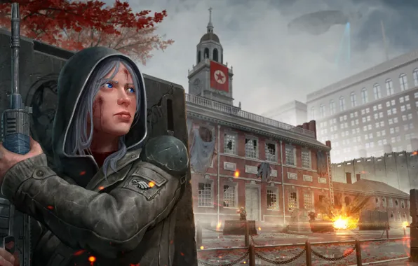 Picture girl, the city, war, art, revolution, Homefront: The Revolution, independence