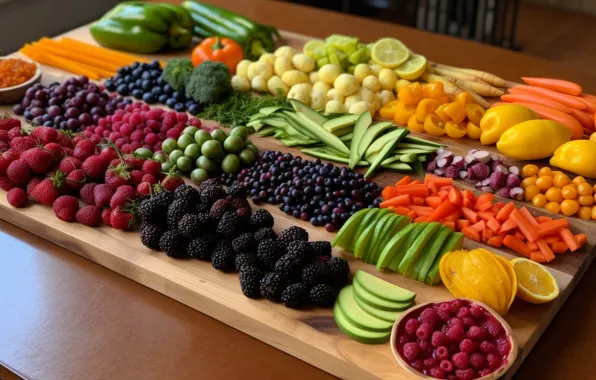 Greens, berries, raspberry, table, cubes, food, blueberries, strawberry