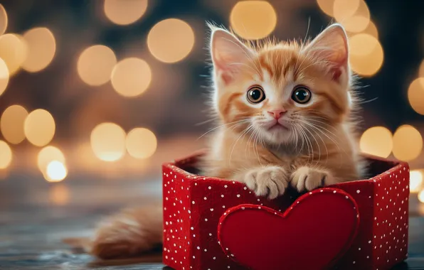 Cat, look, pose, kitty, box, heart, red, face