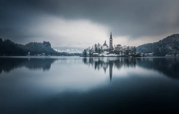 Lake, reflection, island, monochrome, Slovenia, Lake Bled, Slovenia, Lake bled