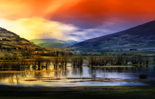 The sky, water, trees, mountains, bird, landscape
