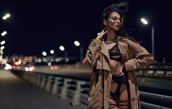 Bridge, model, the evening, cloak, blurred background, glasses, Max Solve