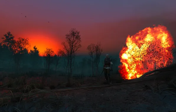Sunset, the explosion, nature, Sword, Warrior, Armor, The Witcher, The Witcher