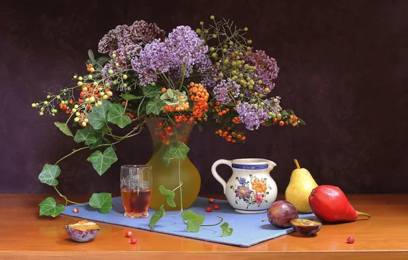 Flowers, bouquet, still life, pear, drain