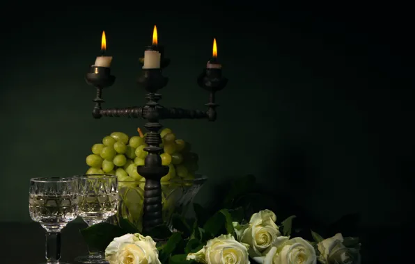 Picture roses, candles, grapes, romantic still life