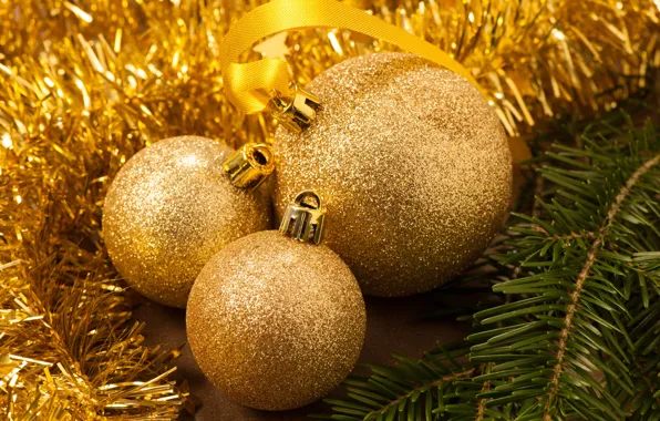 The rain, balls, tree, branch, New Year, Christmas, tinsel, gold