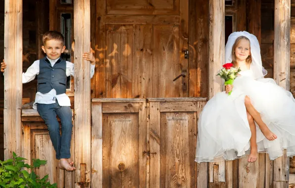 Children, the bride, porch, the groom, sitting