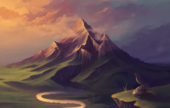 River, mountain, art, bird, painted landscape