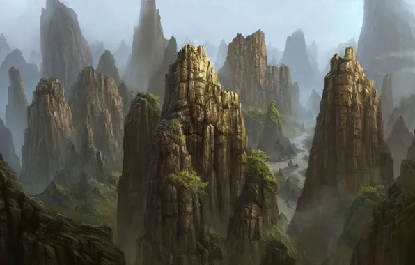Picture trees, mountains, fog, river, rocks, art