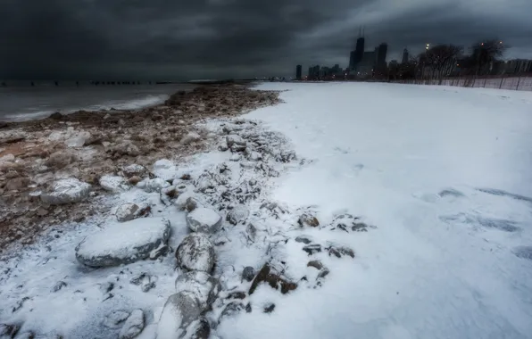 Winter, snow, clouds, skyscrapers, Chicago, Chicago, Michigan