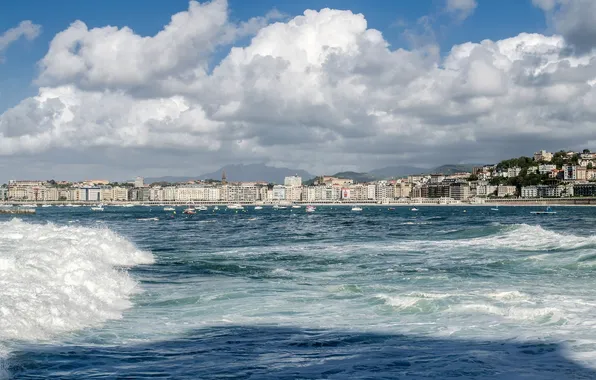 Wave, clouds, yachts, boats, Spain, Spain, San Sebastian, Donostia