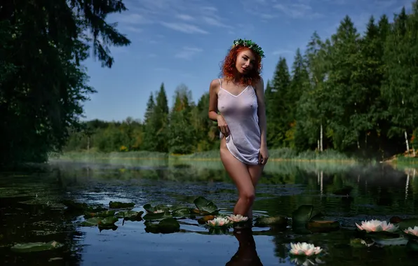 Forest, girl, lake, pond, Lily, red, wreath, nymph
