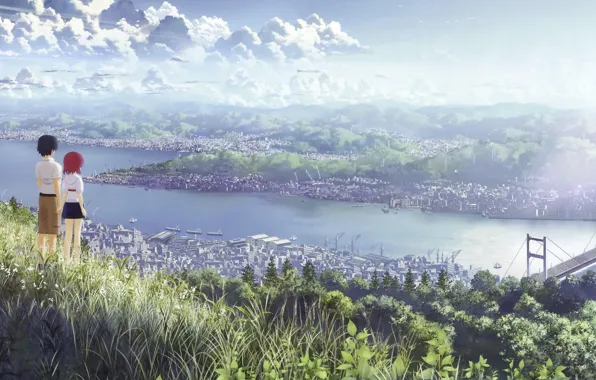 Picture sea, summer, clouds, the city, boy, girl