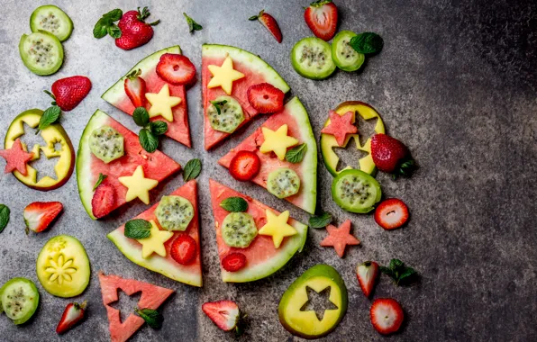Berries, watermelon, strawberry, mango, mint