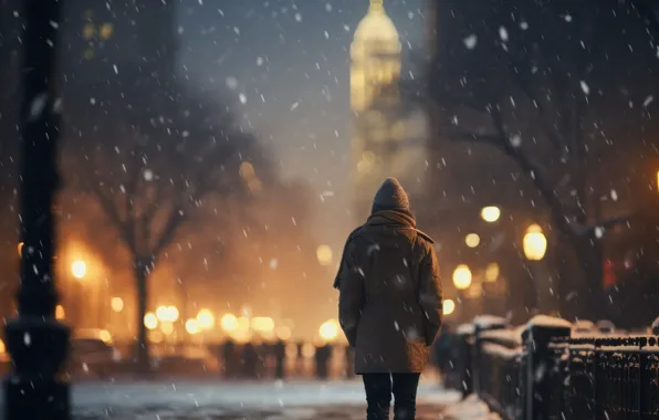 Winter, road, girl, light, snow, trees, night, the city