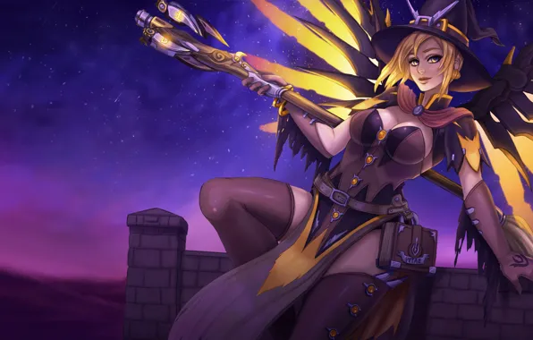 Picture girl, night, hat, art, costume, witch, blizzard, overwatch
