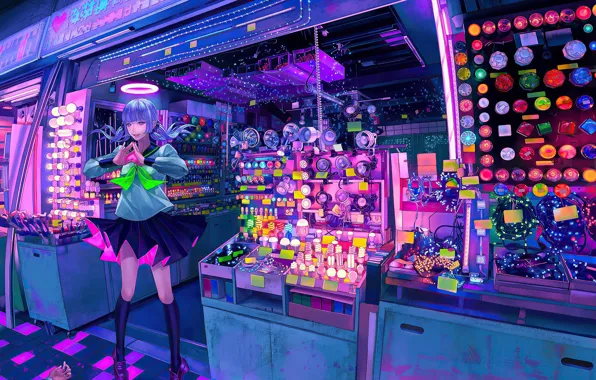 Girl, gesture, halo, shop