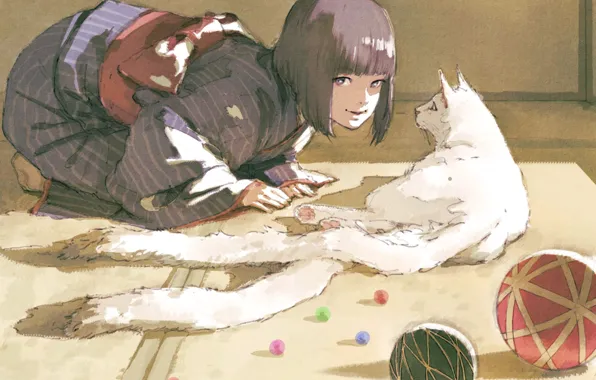 Picture cat, girl, balls, rakugaki