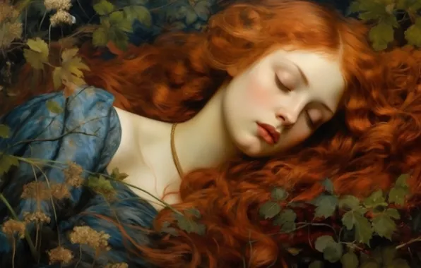 Girl, face, sleep, sleeping, lies, red, redhead, long hair