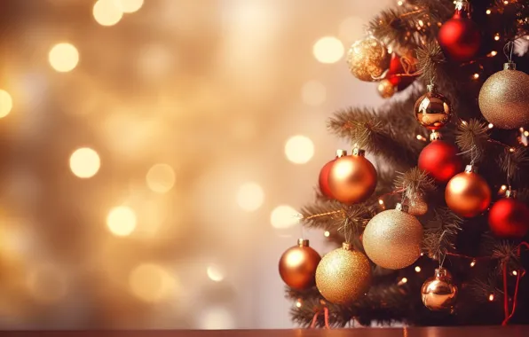 Picture decoration, background, balls, tree, New Year, Christmas, red, golden