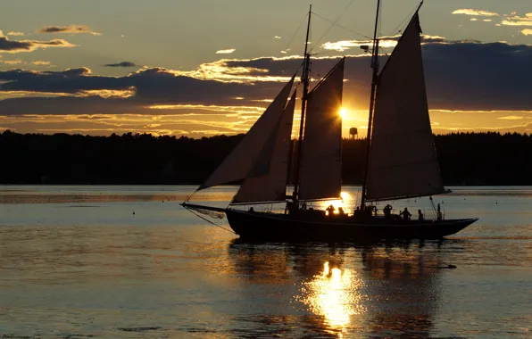 Water, the sun, reflection, people, coast, ship, the evening, sails
