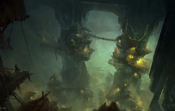 The city, lights, fog, art, cave, goblins, orcs, Lord of The Rings
