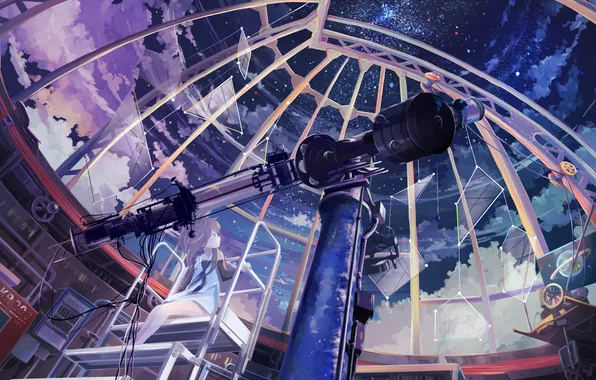 Picture the sky, girl, stars, clouds, anime, art, telescope, remosse512