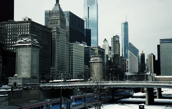 Winter, snow, bridge, building, skyscrapers, America, Chicago, Chicago