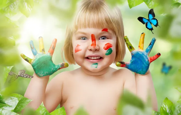 Butterfly, smile, paint, hands, girl, her hands, strokes