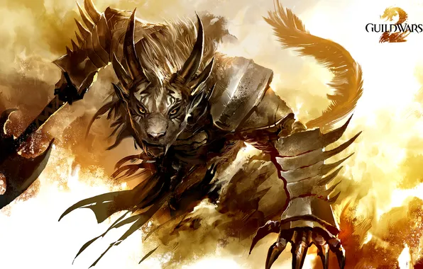 Armor, warrior, tail, fangs, horns, beast, axe, Guild Wars 2