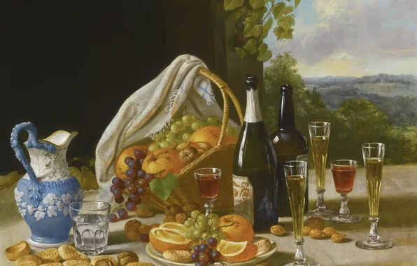 Table, wine, basket, pitcher, fruit, John F. Francis