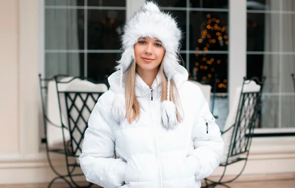 Hat, portrait, jacket, blonde, beautiful, in white, jacket