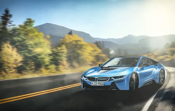 Picture BMW, Car, Blue, Sun, Mountain, Sport, Road, Beam
