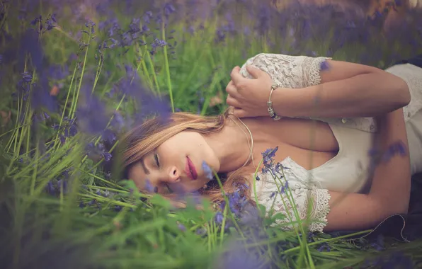 Summer, grass, girl, decoration, nature, makeup, blouse, bracelet