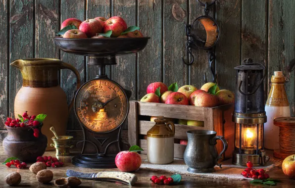 Picture style, berries, apples, lamp, mug, pitcher, still life, box