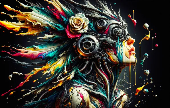 Machine, girl, flowers, face, style, the dark background, fiction, mechanism
