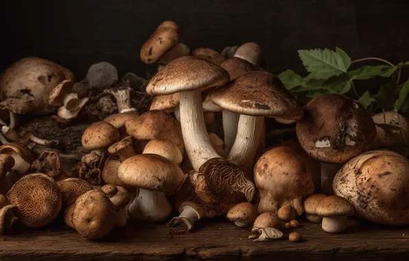 The dark background, mushrooms, a lot, different, AI art, neural network