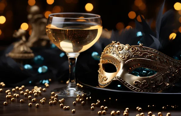 Holiday, wine, glass, mask, Christmas, alcohol, New year, champagne