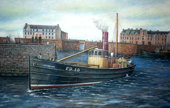 Picture oil, picture, Scotland, canvas, PD10 &ampquot;Golden rod&ampquot;, fishing harbour, seiner, the port of Peterhead