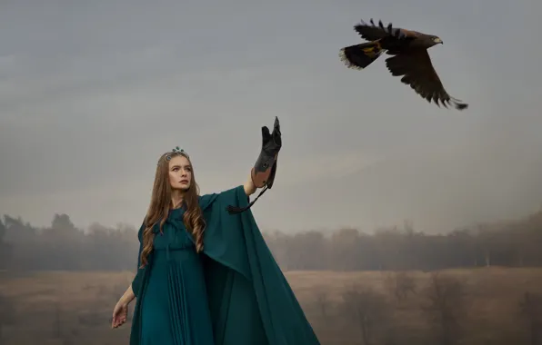 Field, forest, the sky, look, girl, flight, pose, fog