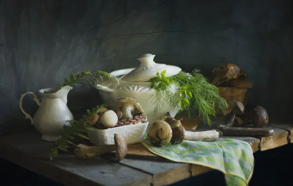 Greens, leaves, mushrooms, Board, towel, dill, knife, dishes