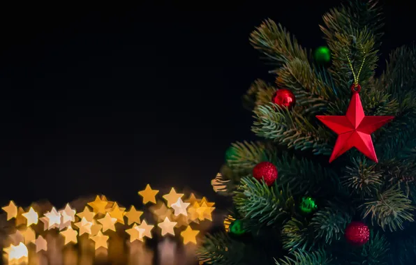 Balls, night, branches, lights, star, Christmas, New year, black background