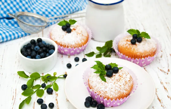 Towel, milk, blueberries, powdered sugar, muffins, Olena Rudo