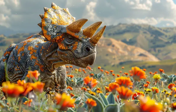 Flowers, Hills, Face, Dinosaur, Horns, Triceratops, Animal, Digital art
