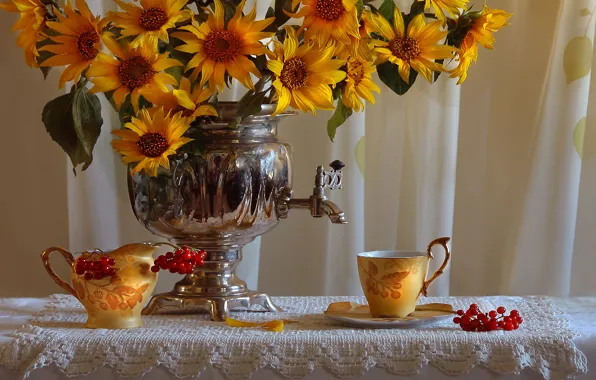 Picture flowers, berries, Cup, still life, samovar, napkin, Kalina, bunches