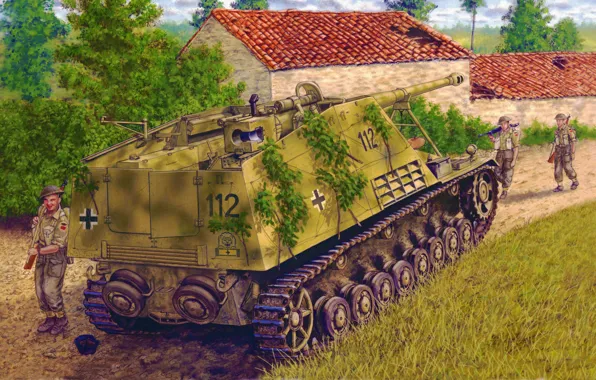 Picture war, art, painting, tank, WW2, Sd.Car.164 Nashorn